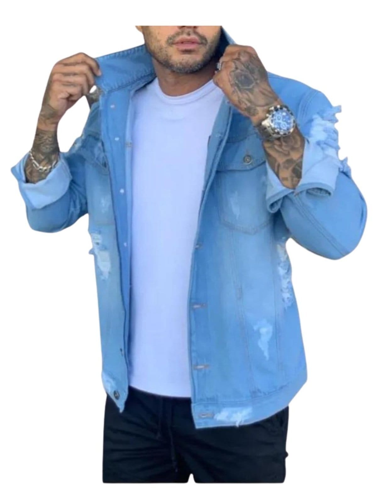 Vista 2 Jaqueta Masculina Rasgada Jeans Claro Destroyed. Alleppo Jeans azul
