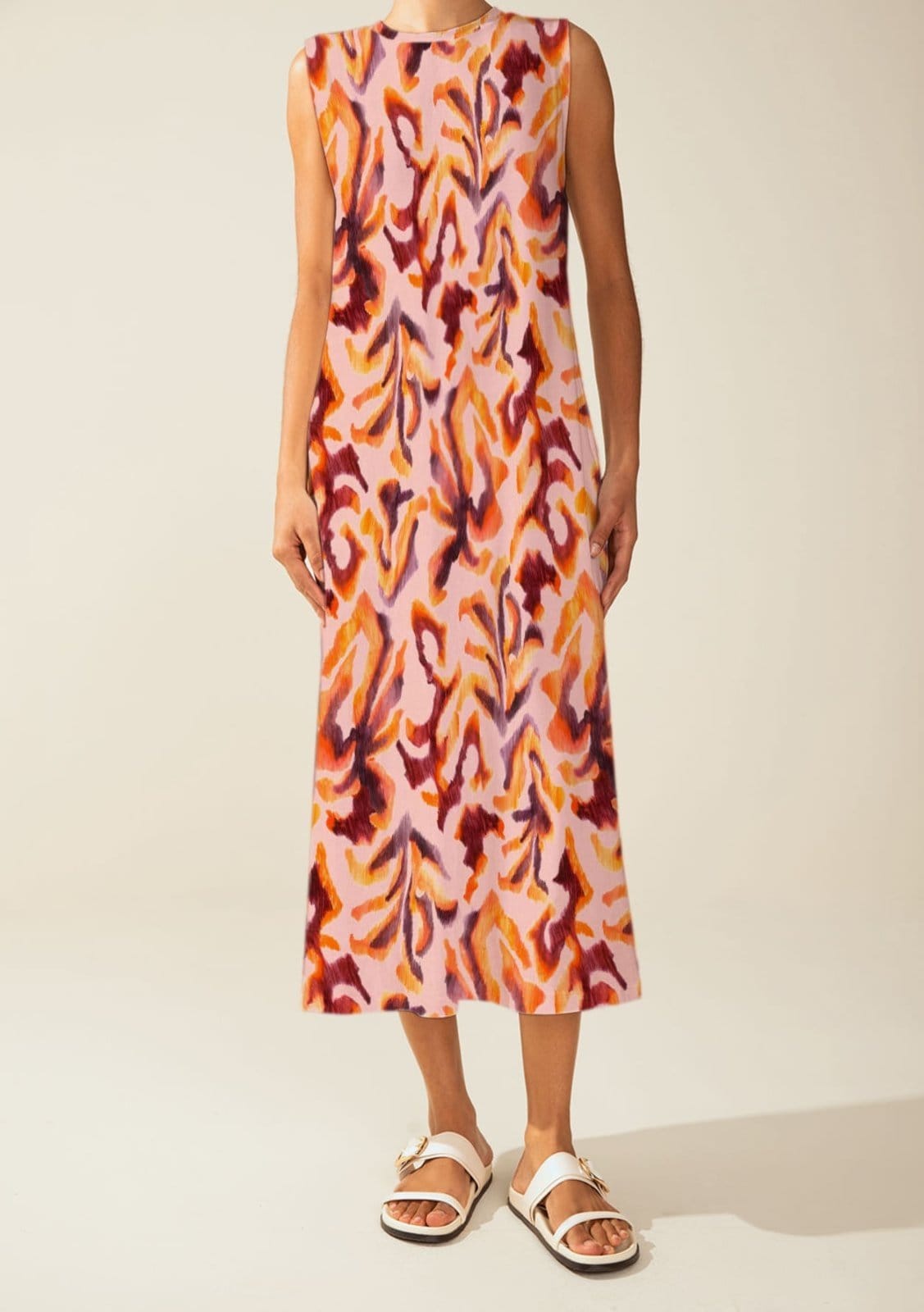 Vista 2 Vestido Morena Solto Decote Careca Sem Manga Midi Morena Rosa rosa