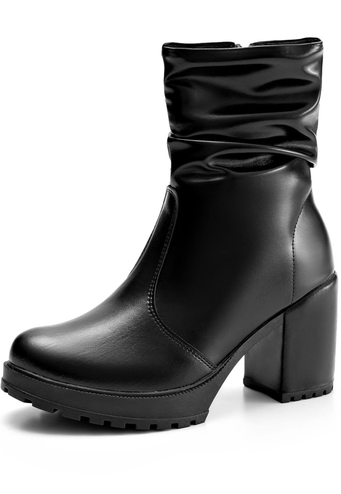 Bota Feminina Lumiss Tratorada Cano Curto Salto Bloco Alto Enrugada