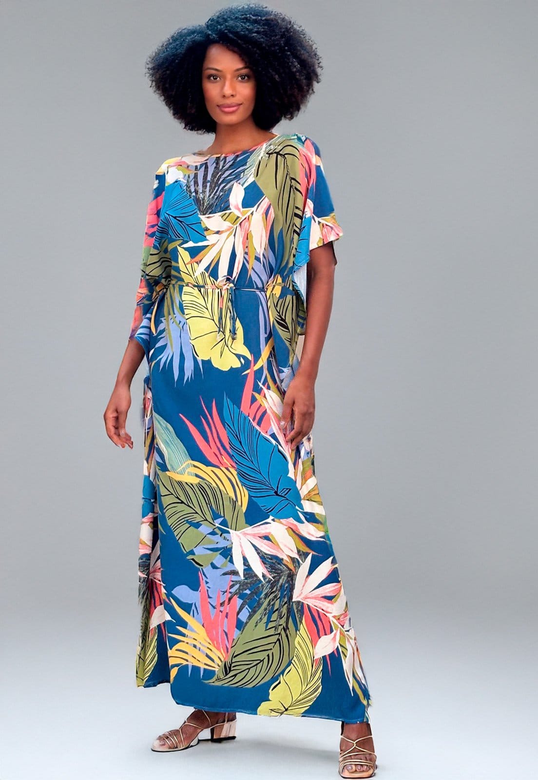 Vestido Amazonia Vital Kaftan Viscose Longo Estampa Brisa Botânica