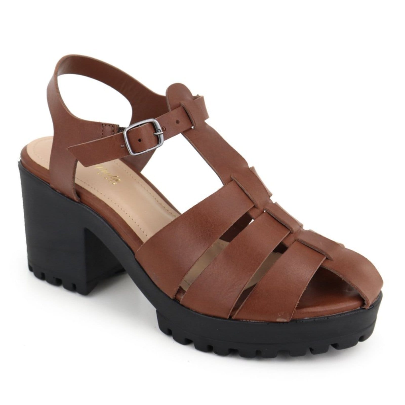 Vista 2 Sandália Feminina Tratorada em Couro Salto Bloco Tiras Maria Paula Cedro MARIA PAULA marrom