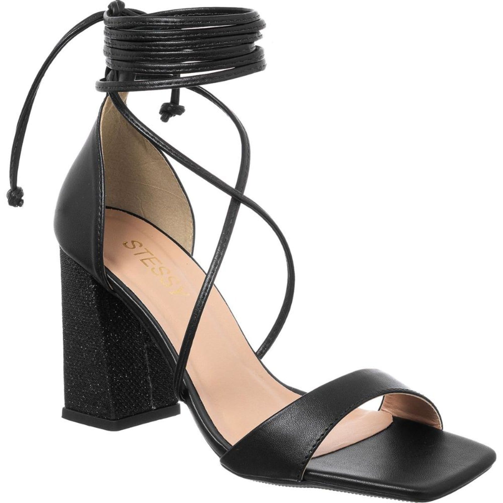 Sandália Feminina Brilho Strass Salto Alto Bloco Amarração