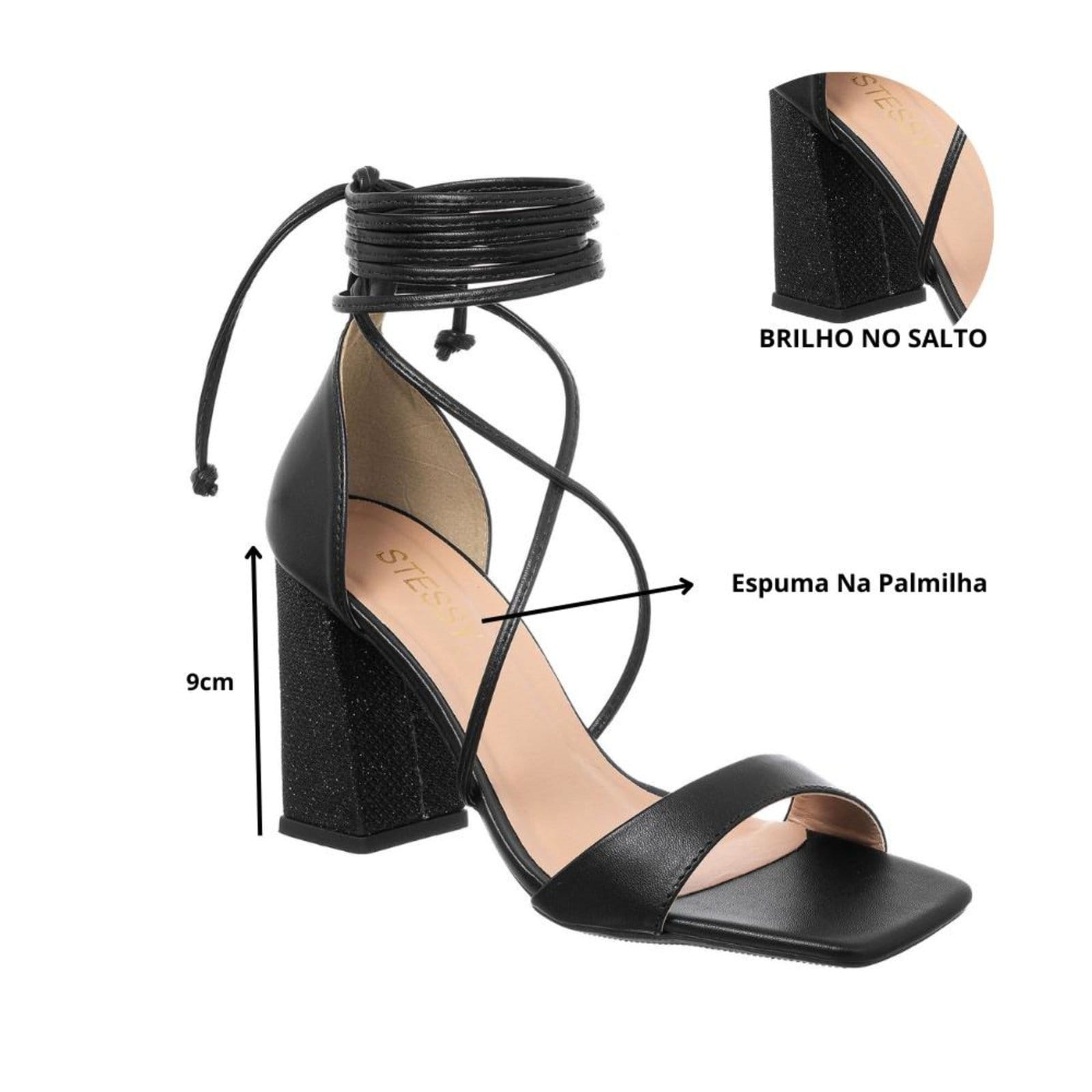Vista 2 Sandália Feminina Brilho Strass Salto Alto Bloco Amarração Stessy Shoes preto
