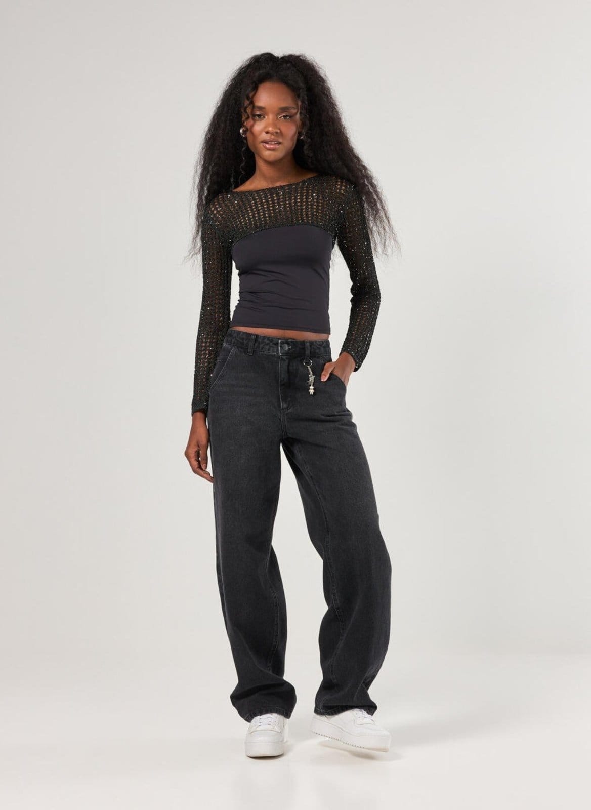 Calça Jeans Baggy Cintura Baixa Chaveiro