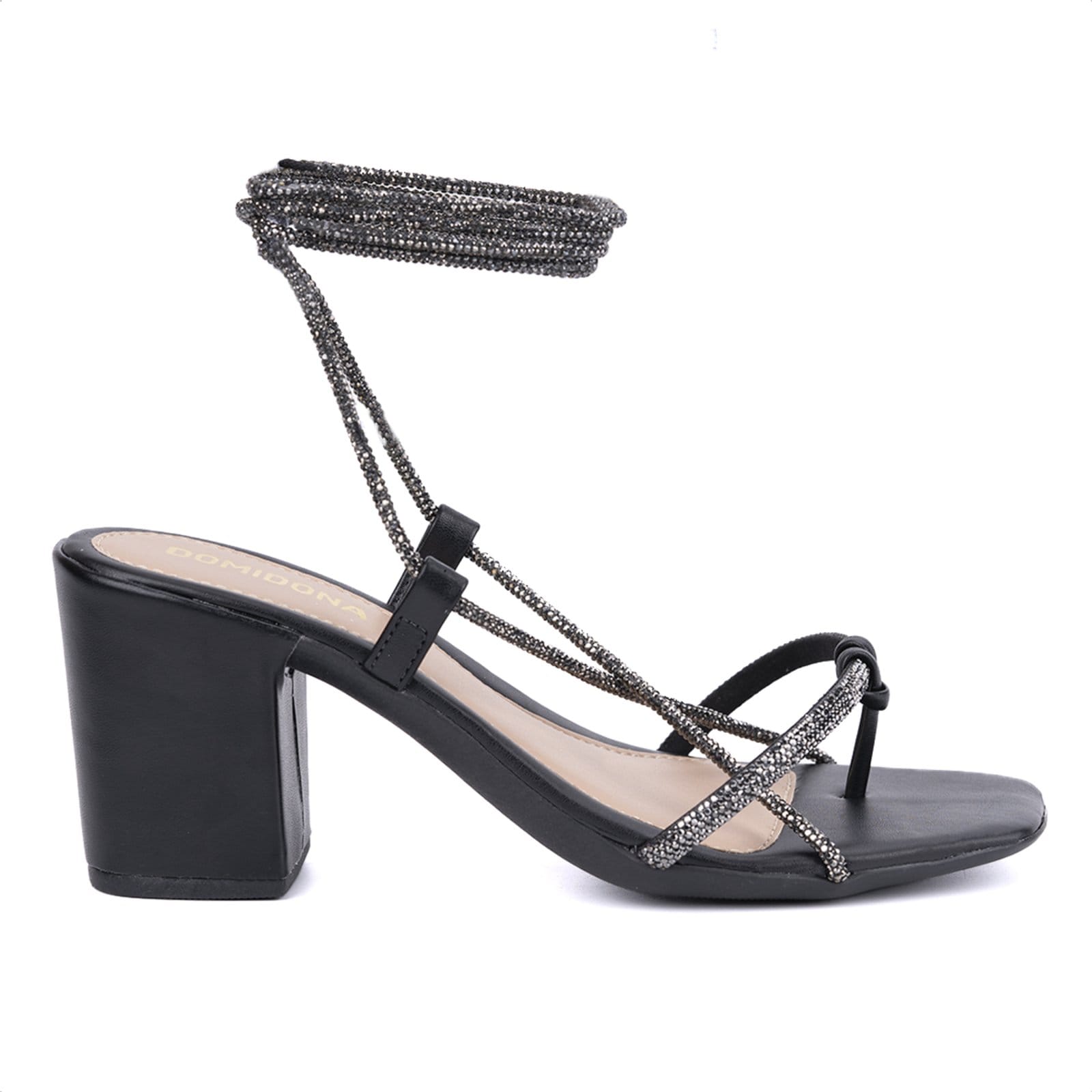 Vista 2 Sandália Feminina Amarração Tiras Strass Brilho Salto Grosso Domidona preto