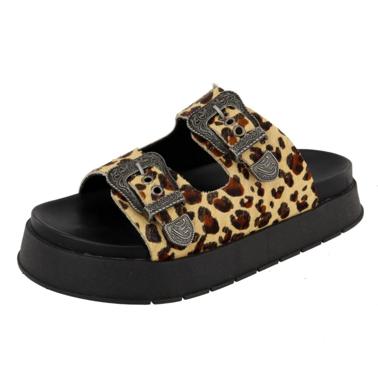 Sandália Flatform Papete Feminina Paula B Em Couro Animal Print Palmilha Confort