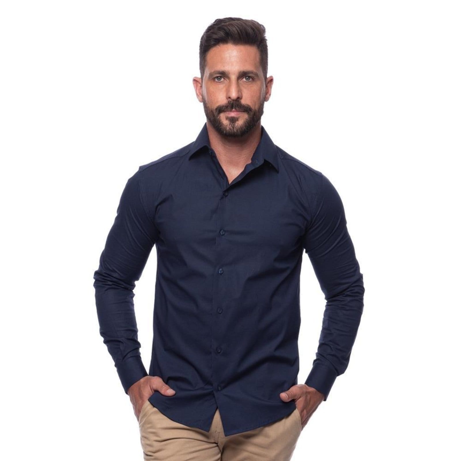 Camisa Masculina Slim Manga Longa Lisa Acetinada Social Azul Claro