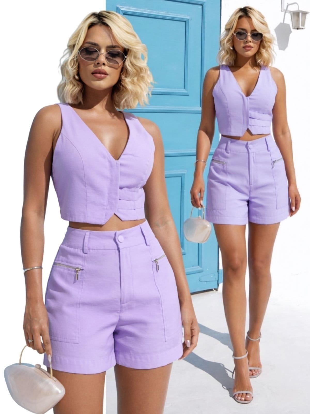Conjunto Feminino Linho Cropped Colete e Shorts 2030 - Lilás nv