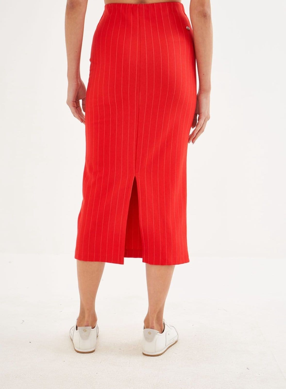 Vista 2 Saia Listrada Midi Justa Colcci Vermeho Colcci vermelho