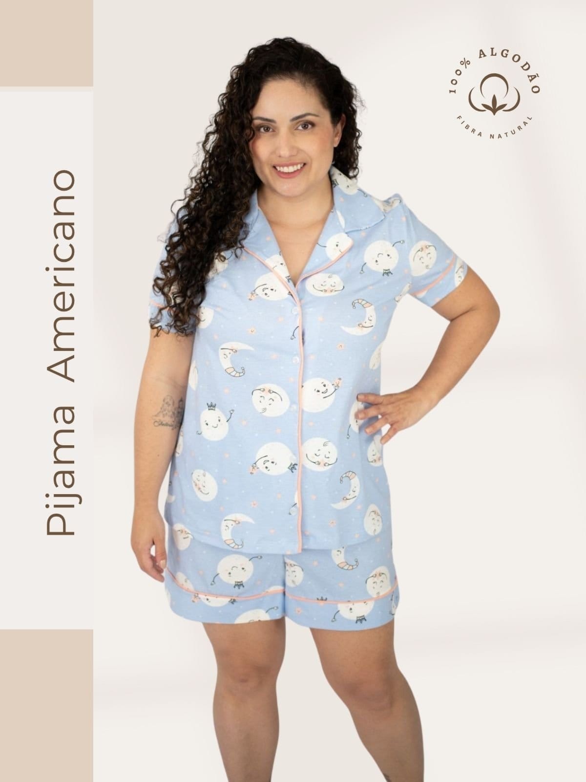 Pijama Algodão Plus Size Americano Curto Flávia - Lua