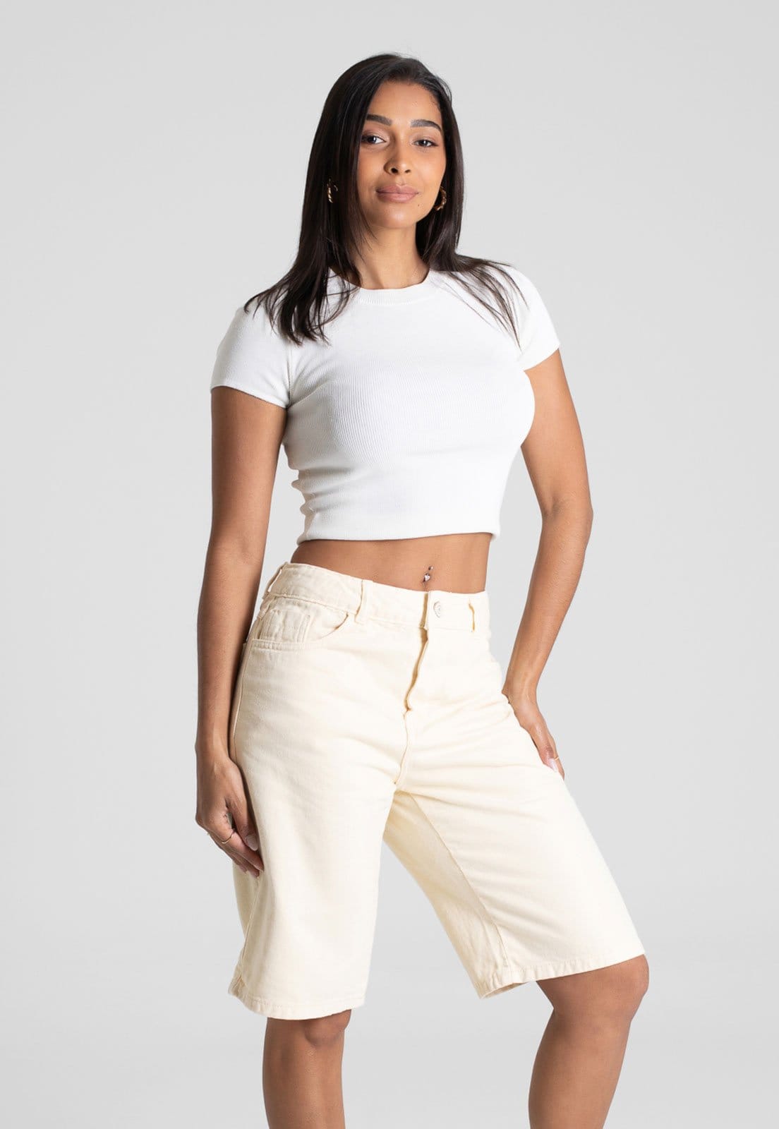 Bermuda Feminina Sawary Wide Algodão Amarela