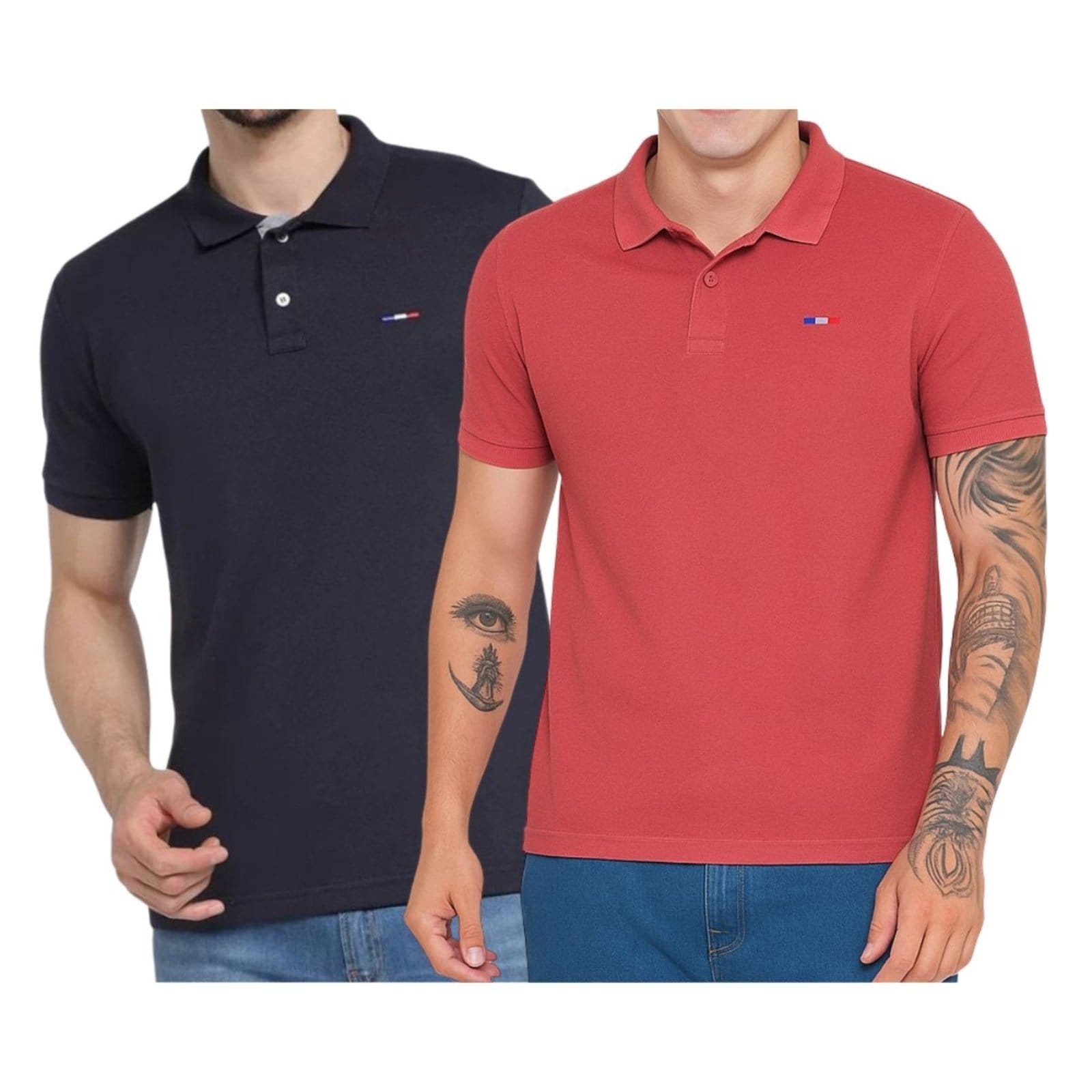 Kit 2 Polos Masculina Básicas Industrie Preto e Coral Piquet no Estilo Tommy Bordado França