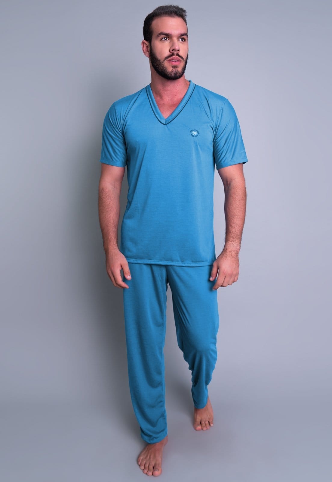 Vista 2 Pijama Longo MVB Modas Manga Curta E Calça Comprida Adulto Claro Mvb Modas azul