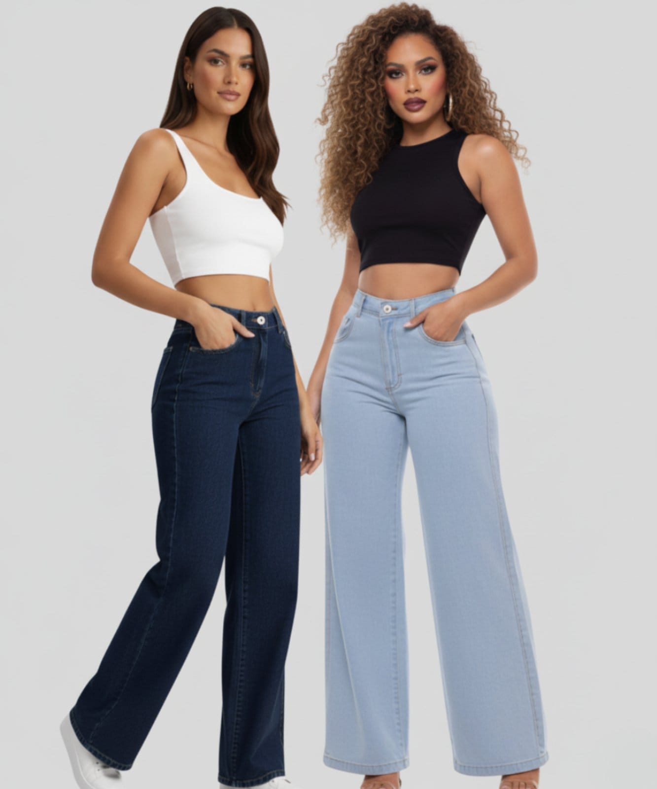 Kit 2 Calças Widleg Feminina Jeans Alpha Street Wear Estilo Gringa Fashion e Confortavel Azul Delave e Azul Escuro