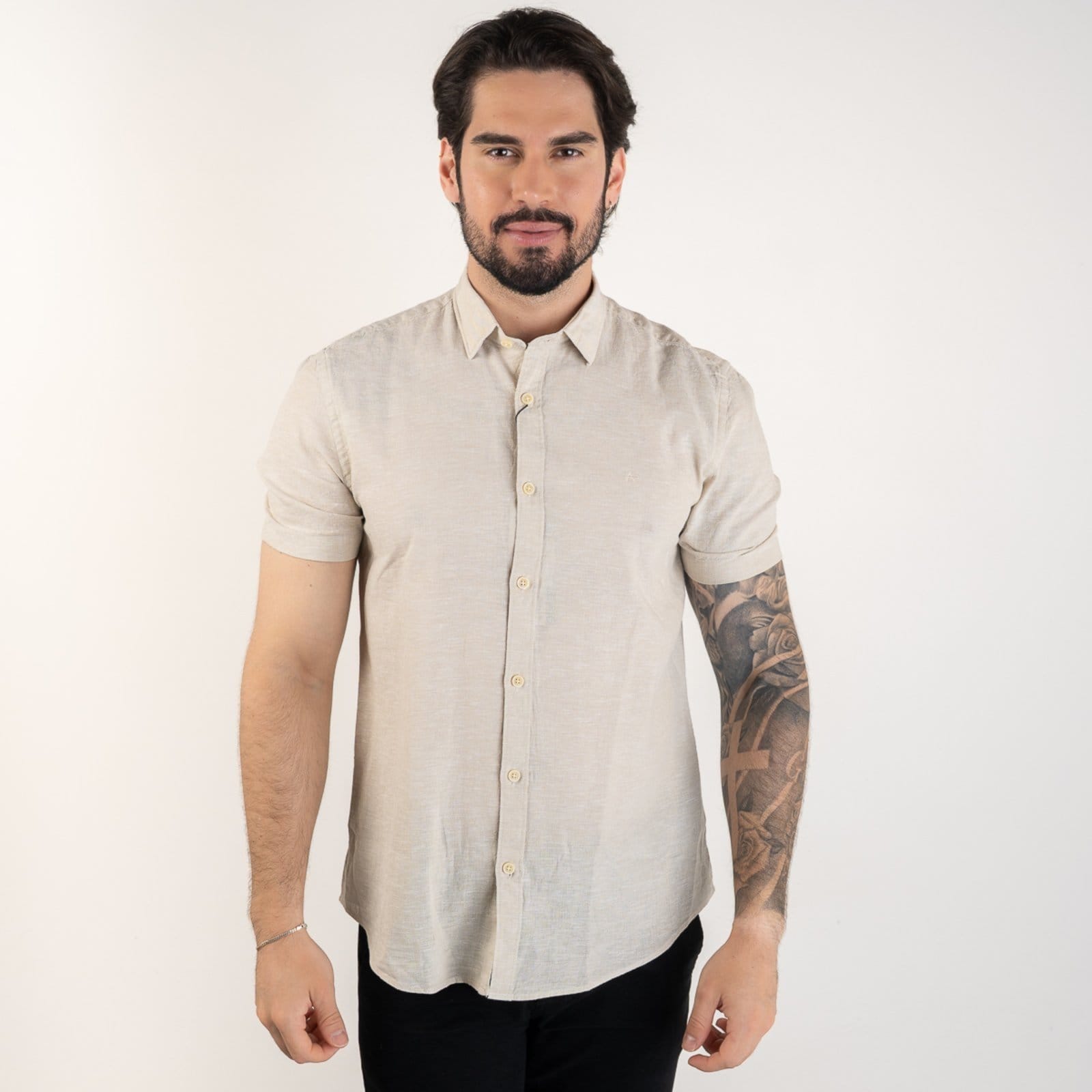 Camisa Aramis Linho Slim Manga Curta Khaki