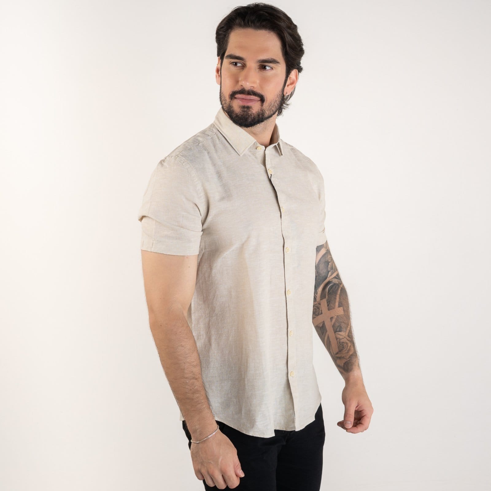 Vista 2 Camisa Aramis Linho Slim Manga Curta Khaki Aramis cáqui khaki