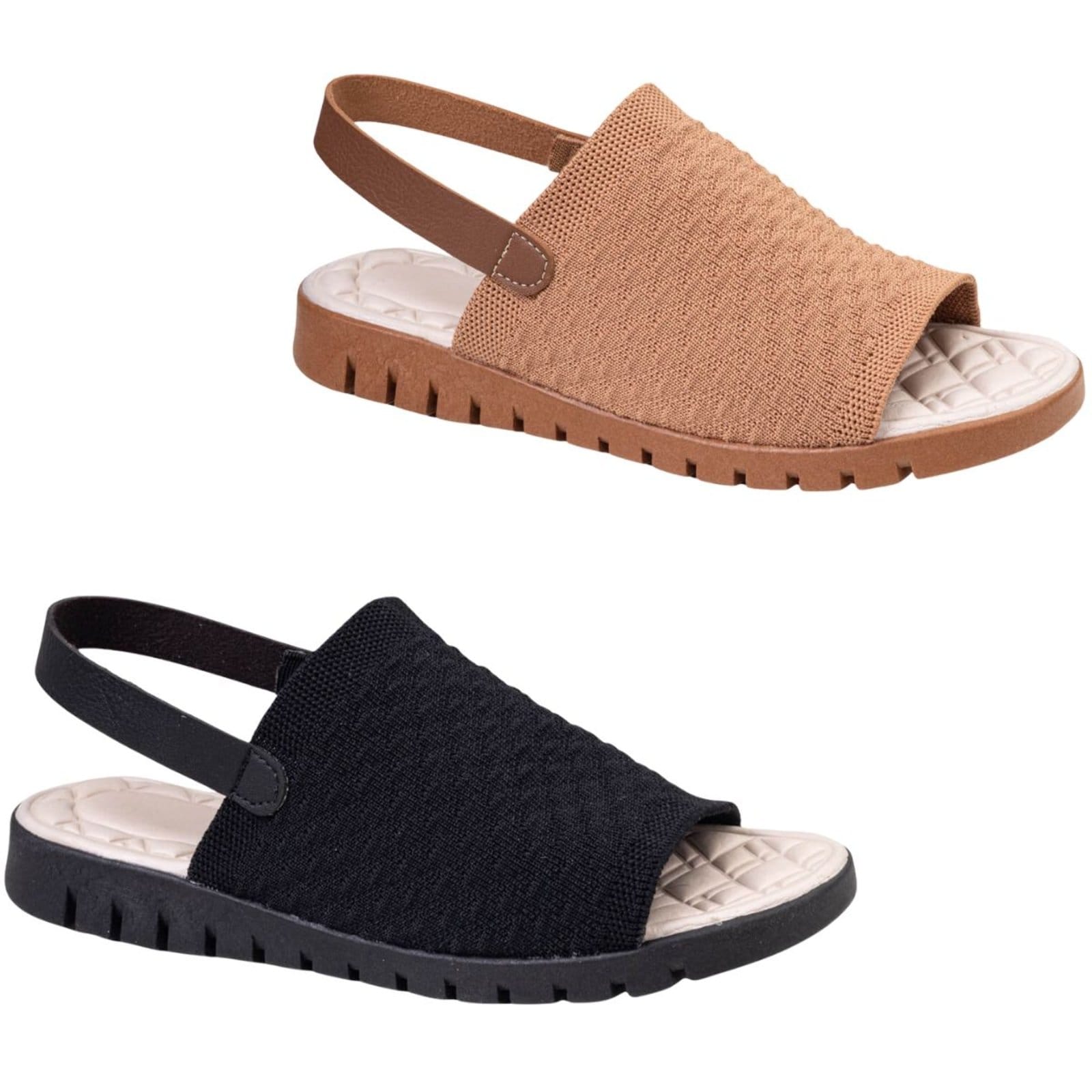 Kit 2 Sandália Feminina Ortopédico Knit Calce Fácil Meia Elástico Massageadora leve Confortável Via Angel 7603 Preto e Caramelo