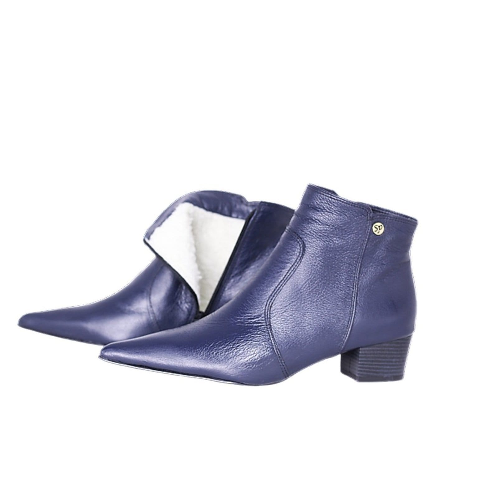 Bota Feminina em Lã Sintética Bico Fino Cano Curto Couro Salto 4 CM Azul