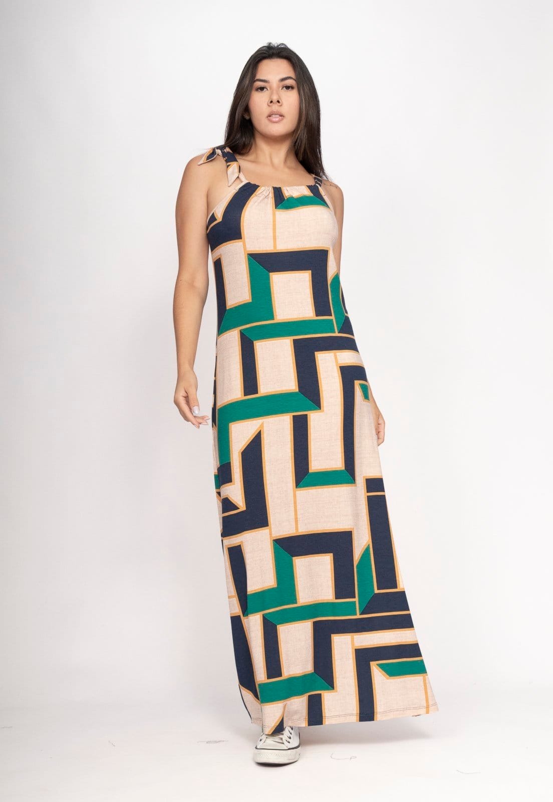 Vista 2 Vestido CabanaFree Capotira Longo Malha Alça Ajustável Chapada de Areia Cabanafree estampado