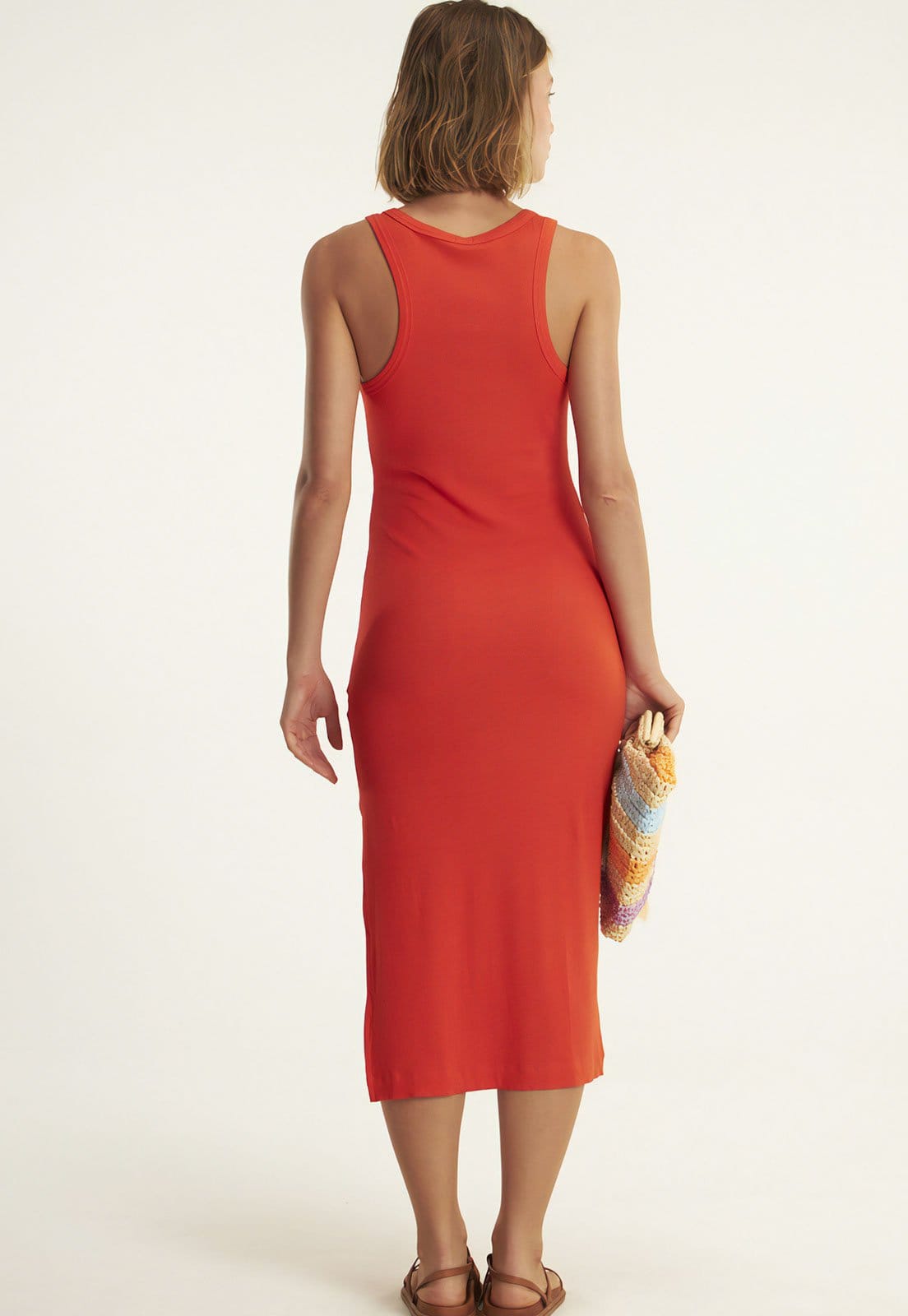 Vista 2 Vestido Canelado Cantão Midi Basic Cantão vermelho