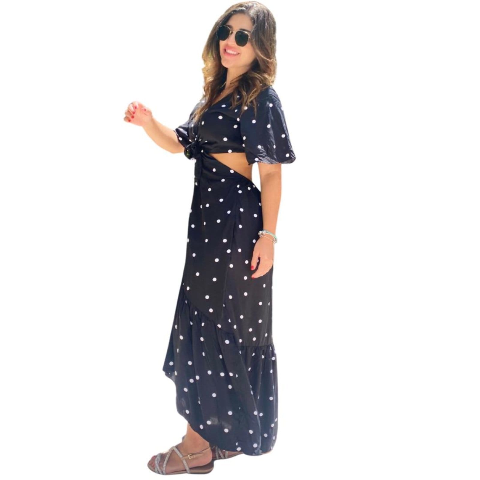 Vista 2 Vestido Abertura Laço Poá Cia do Vestido preto