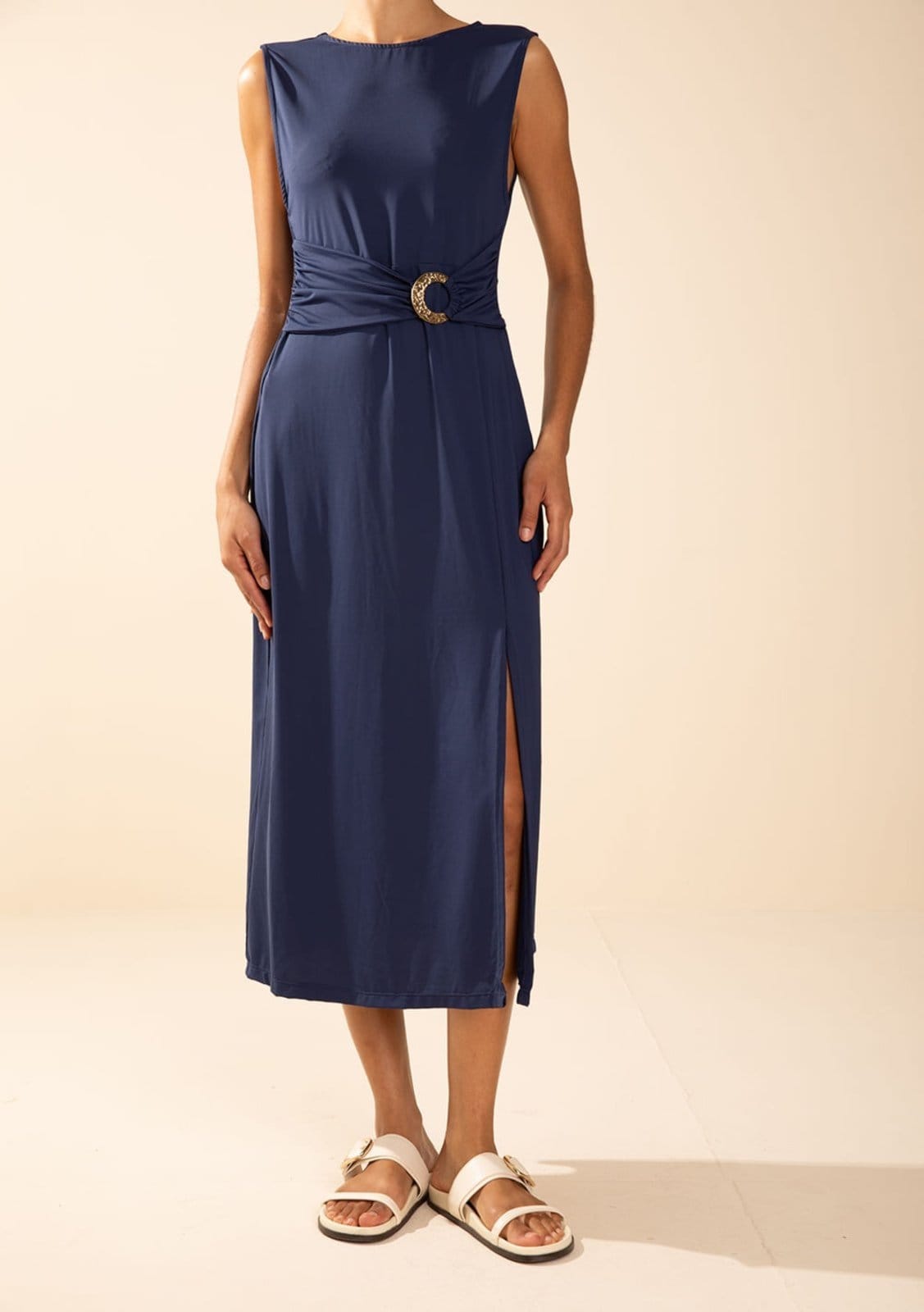 Vista 2 Vestido Morena Rosa Ajustado Decote Careca Sem Manga Midi Azul Azul Marinho Morena Rosa azul marinho rosa