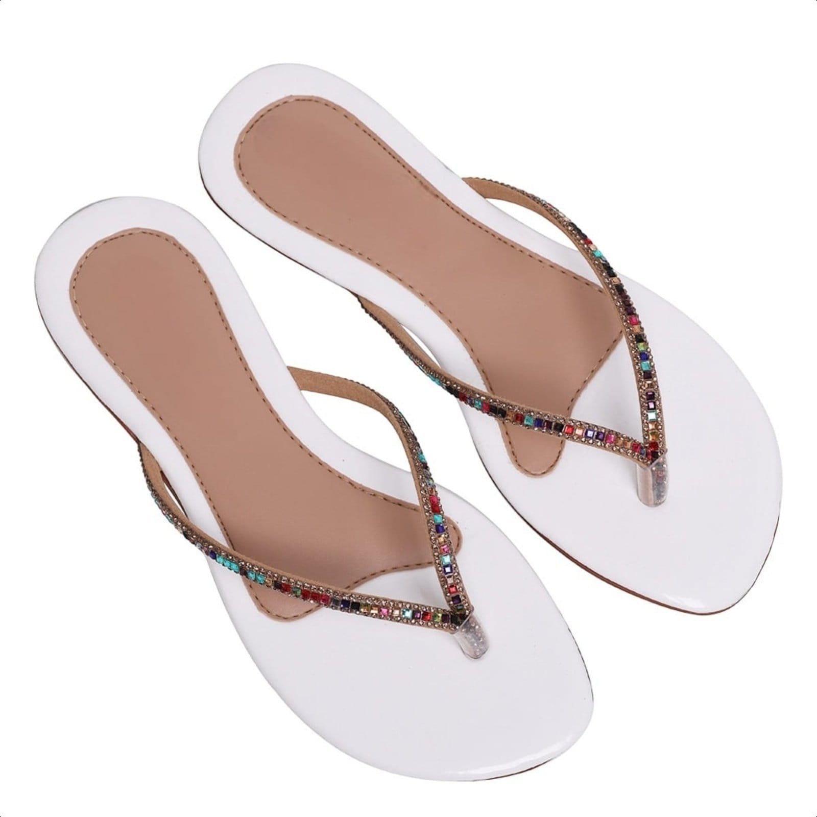 Chinelo Rasteirinha Feminina Branca Com Brilho Strass Confortável Salto Baixo Moda Praia Verão Casual Festa