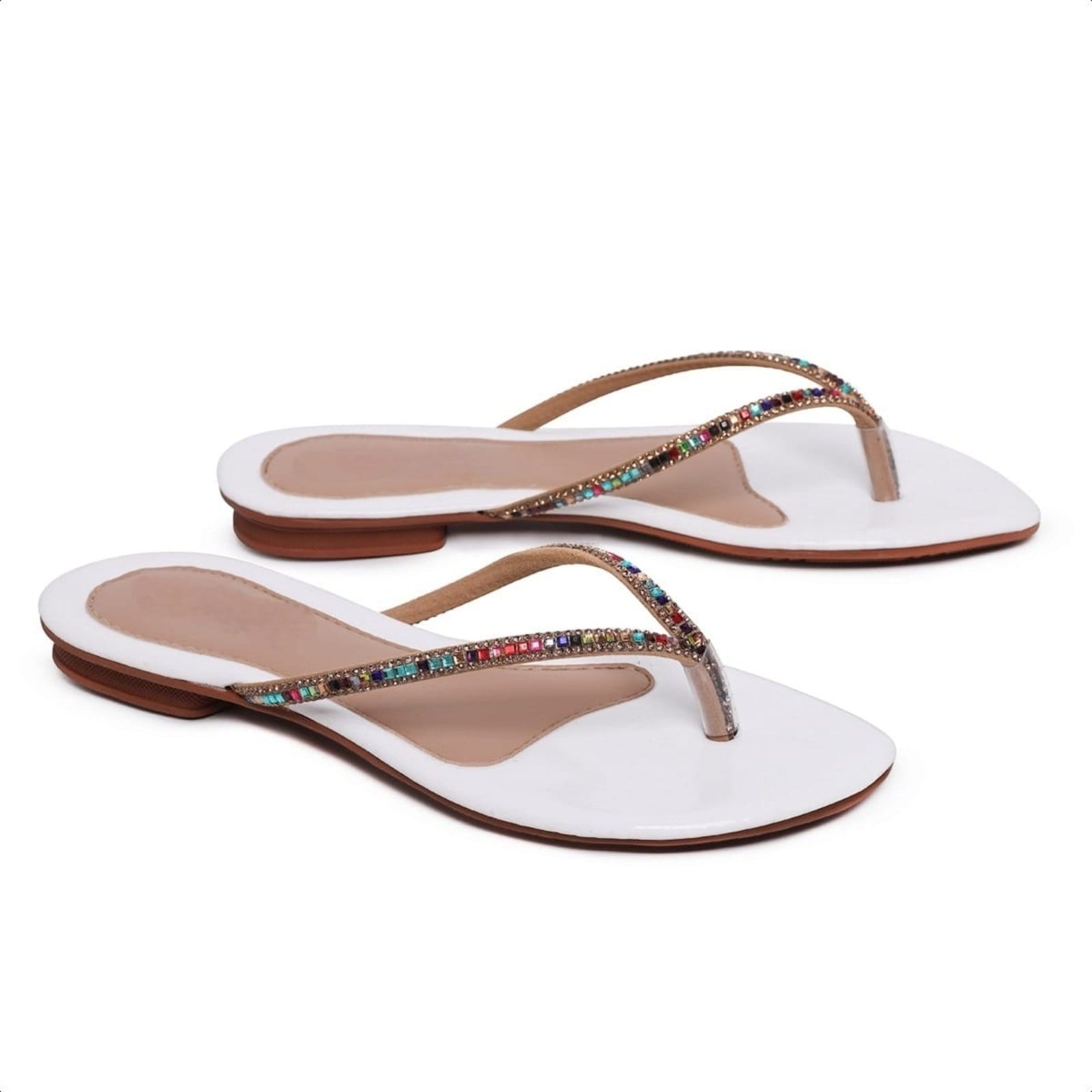 Vista 2 Chinelo Rasteirinha Feminina Branca Com Brilho Strass Confortável Salto Baixo Moda Praia Verão Casual Festa CARMELO SHOES branco