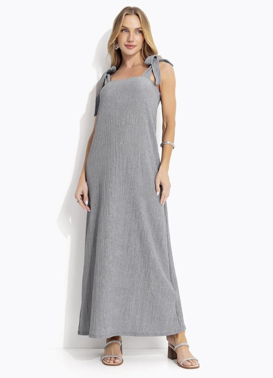 Vista principal Vestido Em Malha Anarruga Claro Quintess cinza