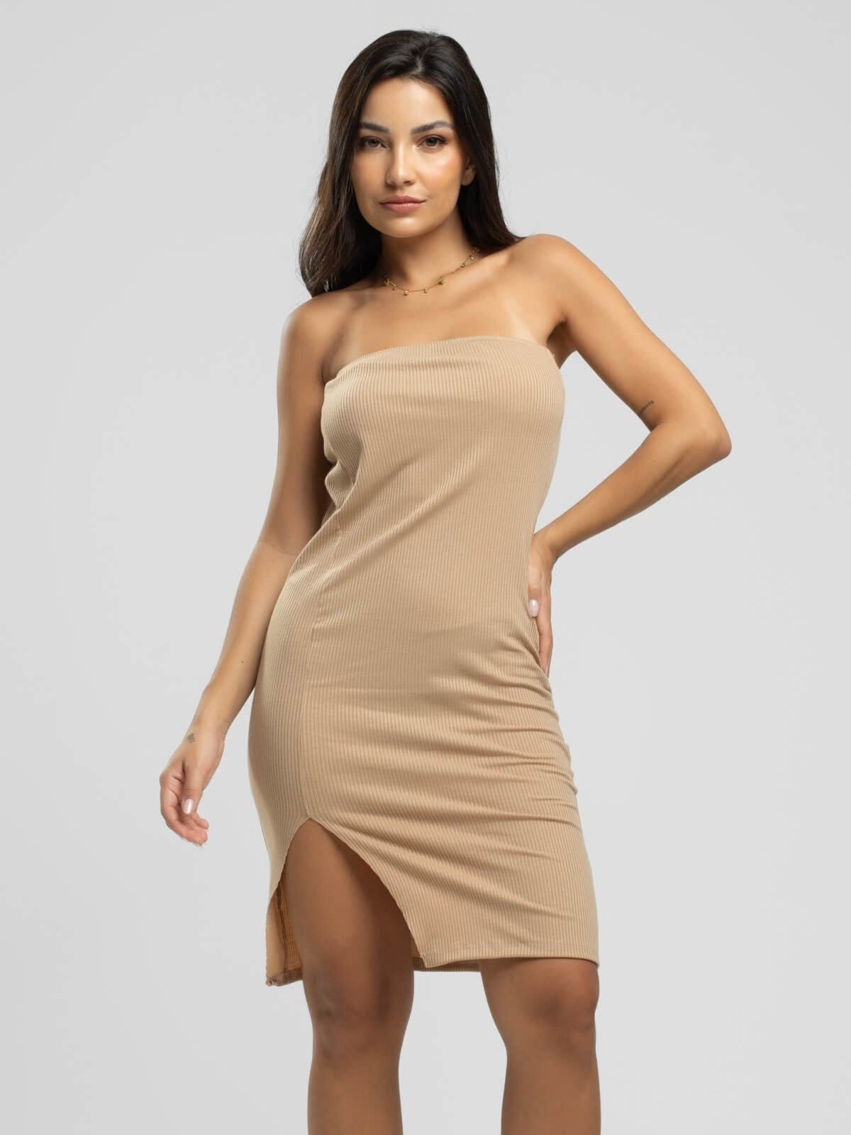 Vestido Tomara Que Caia Canelado Fenda Lateral Moda Casual Feminina Vicbela