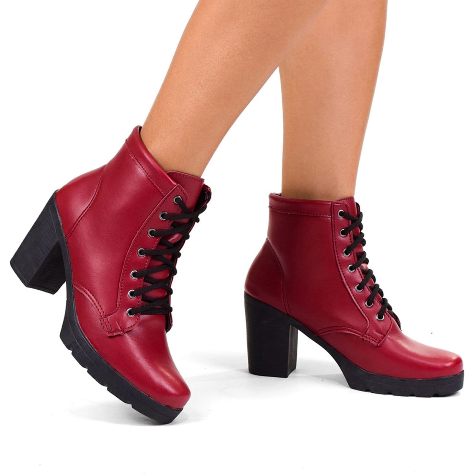Vista 2 Coturno Feminino Bota Cano Médio CM Calçados Confortável Macio Salto Alto Tratorado Monte Shoes vermelho