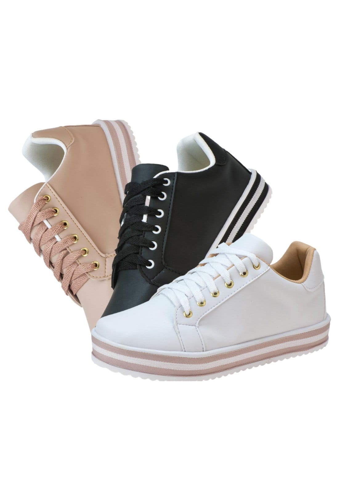 Kit 03 Pares Tênis Casual Lumiss Nude/Preto/Branco