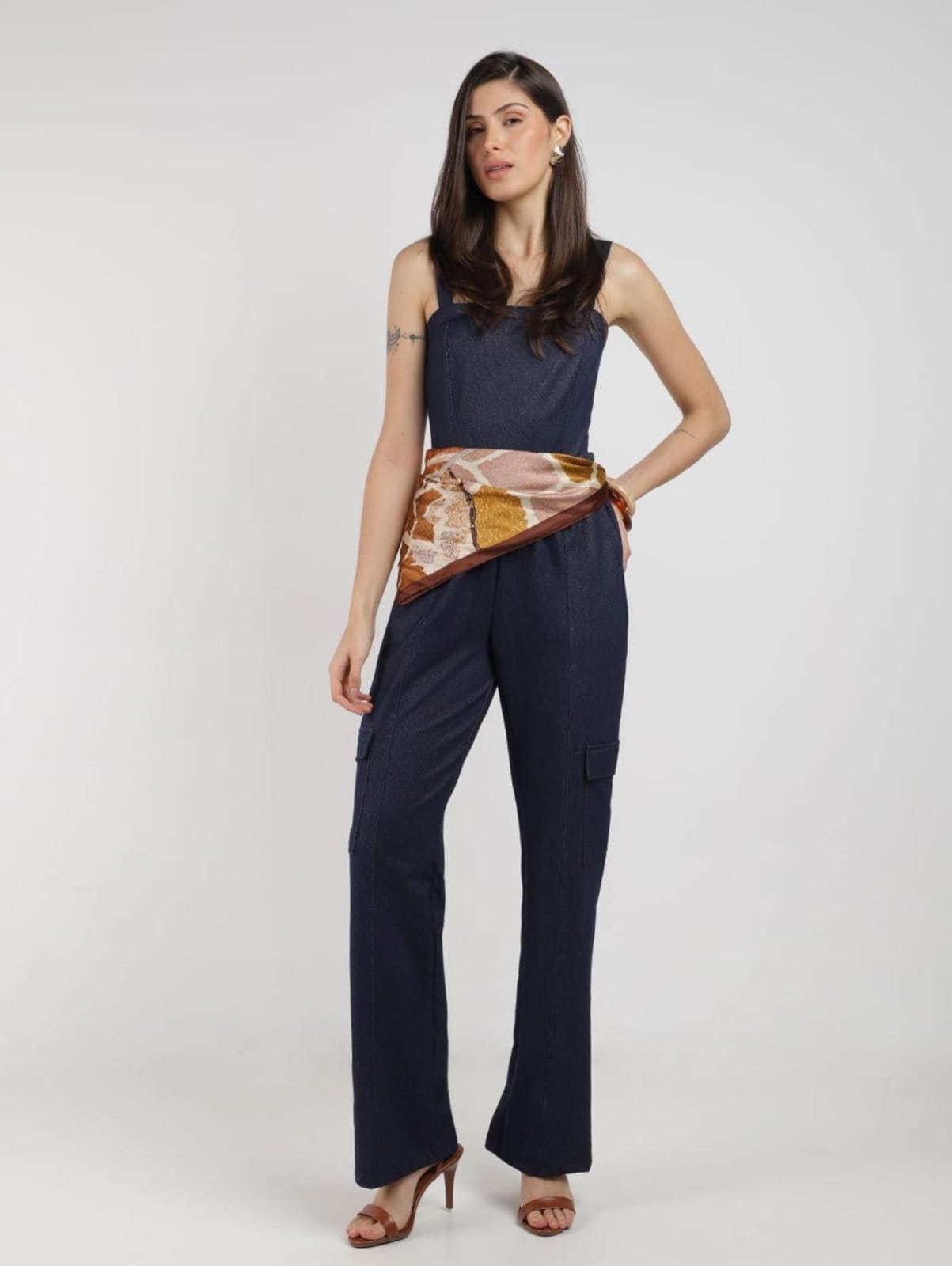 Macacão Malha Jeans Cargo Autentique Feminina MARINHO