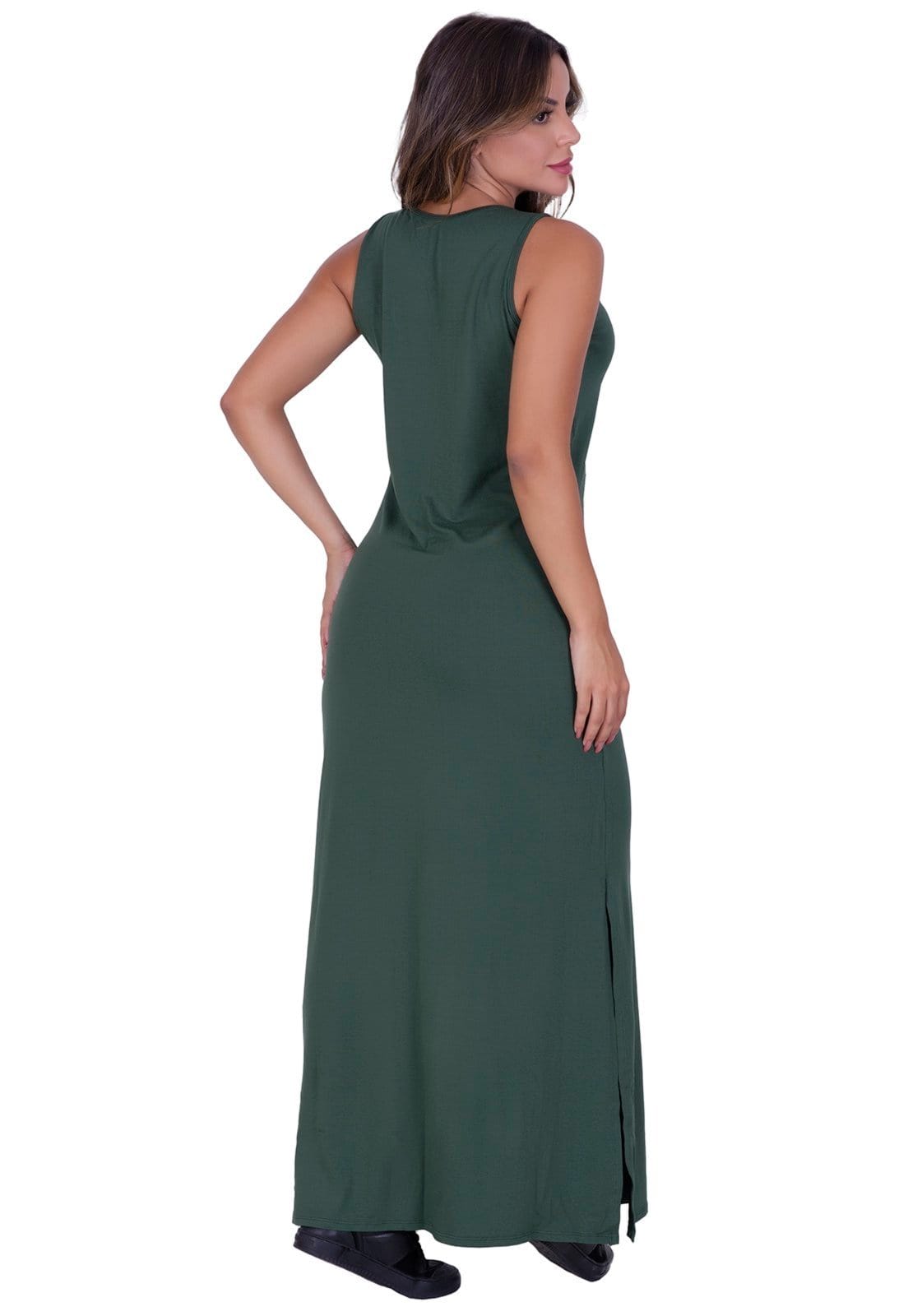 Vestido Longo Verde Militar Com Fenda Lateral