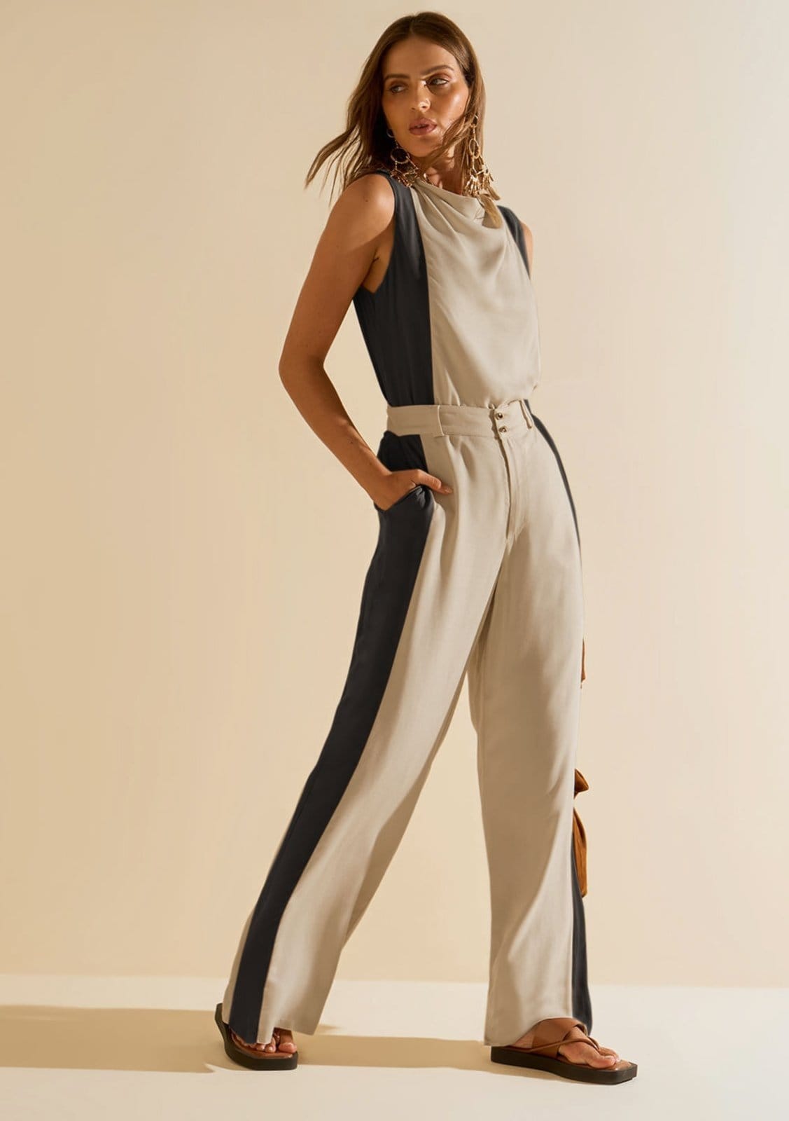 Calça Morena Rosa Pantalona Alta Bege