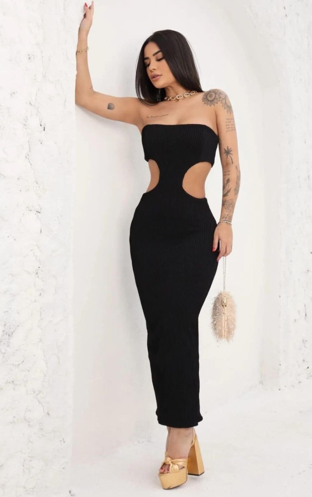 Vista 2 Vestido Kendal Tomara que caia Canelado Midi Cia do Vestido preto