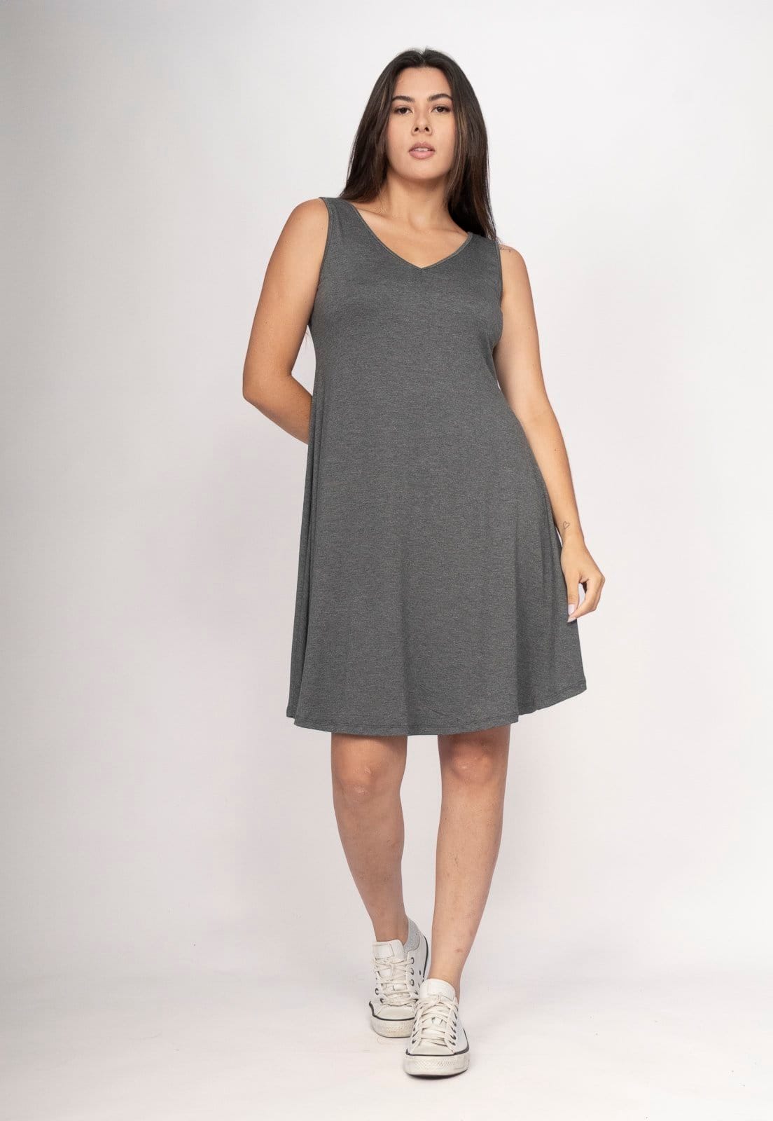 Vista 2 Vestido CabanaFree Amana Curto Regata Malha Mescla Cabanafree cinza