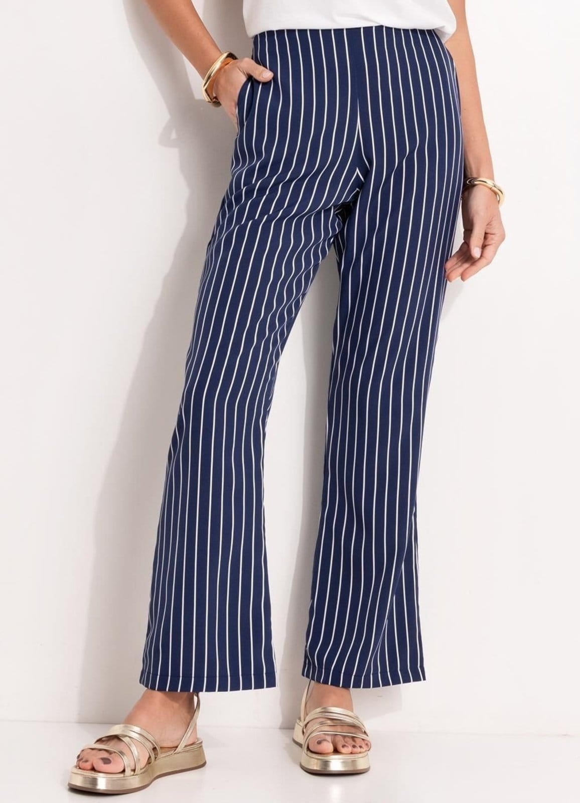 Calça Em Tecido De Poliéster Quintess Listrado Marinho