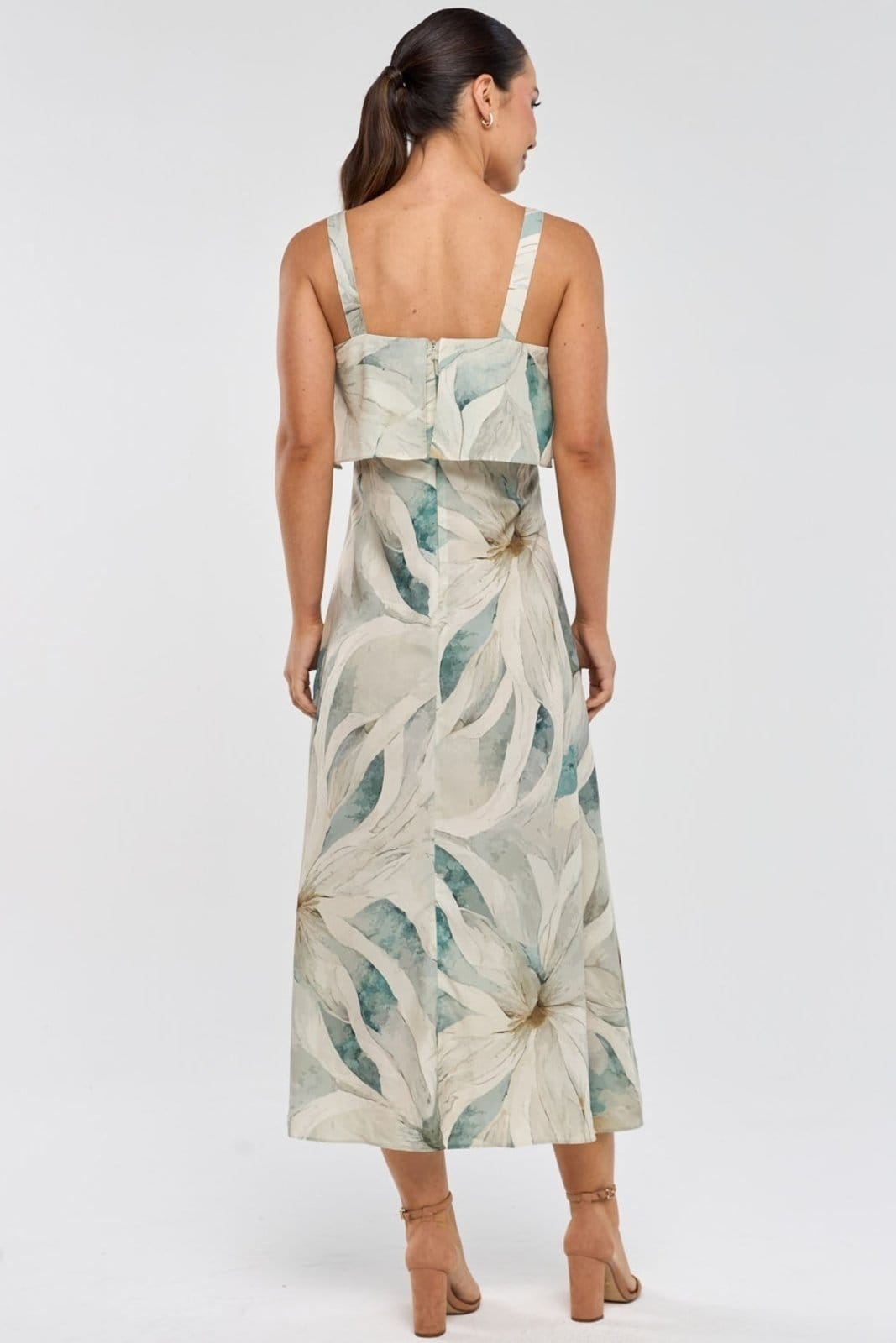 Vestido Midi PKS Alças Estampa Green Leaves