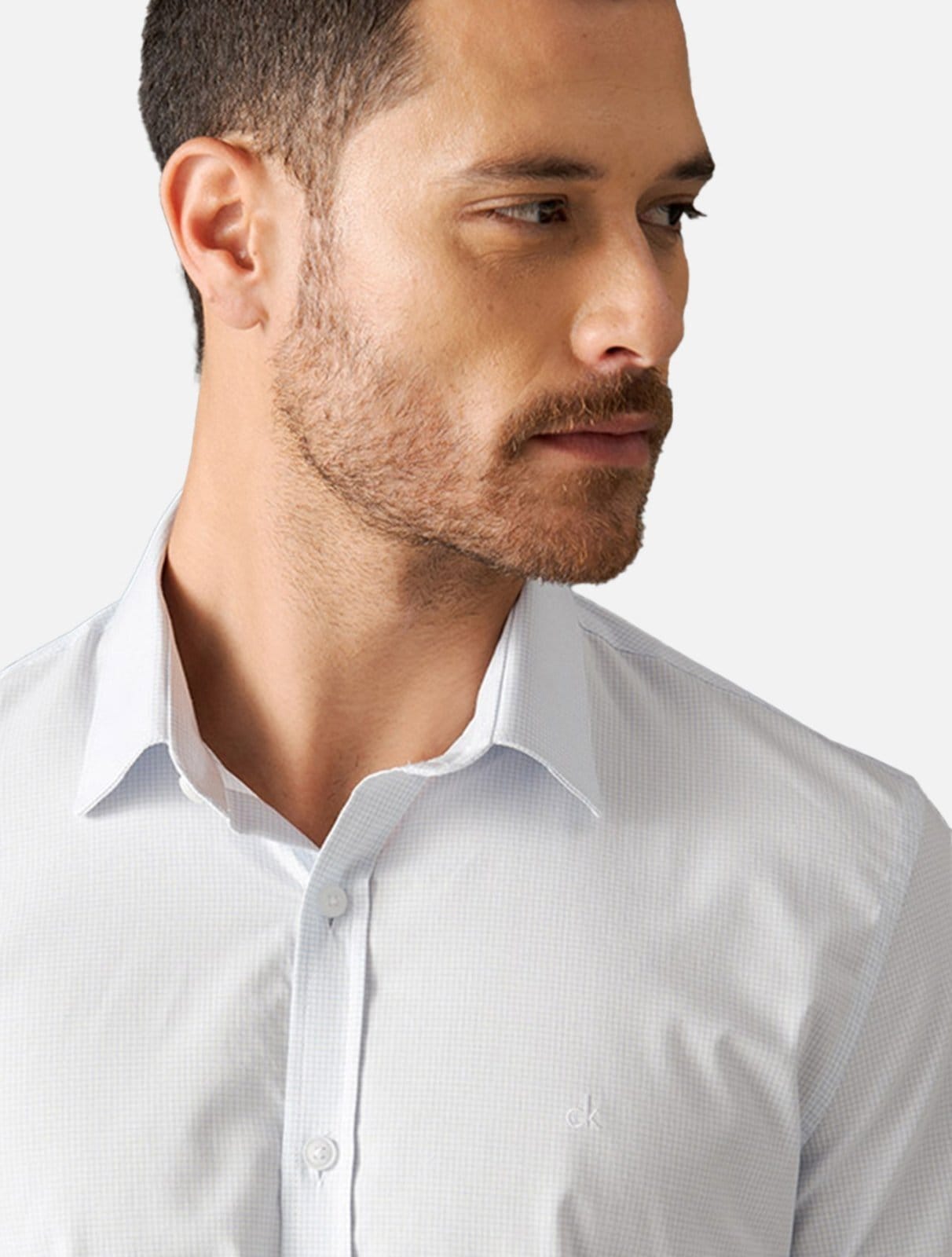 Vista 2 Camisa Calvin Klein Masculina Slim Fit Tricoline Claro Calvin Klein azul