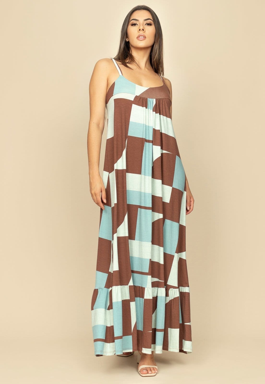 Vista 2 Vestido Longo Jataí Trapézio Malha Estampa Santa do Tocantins Cabanafree azul/estampado/rosa