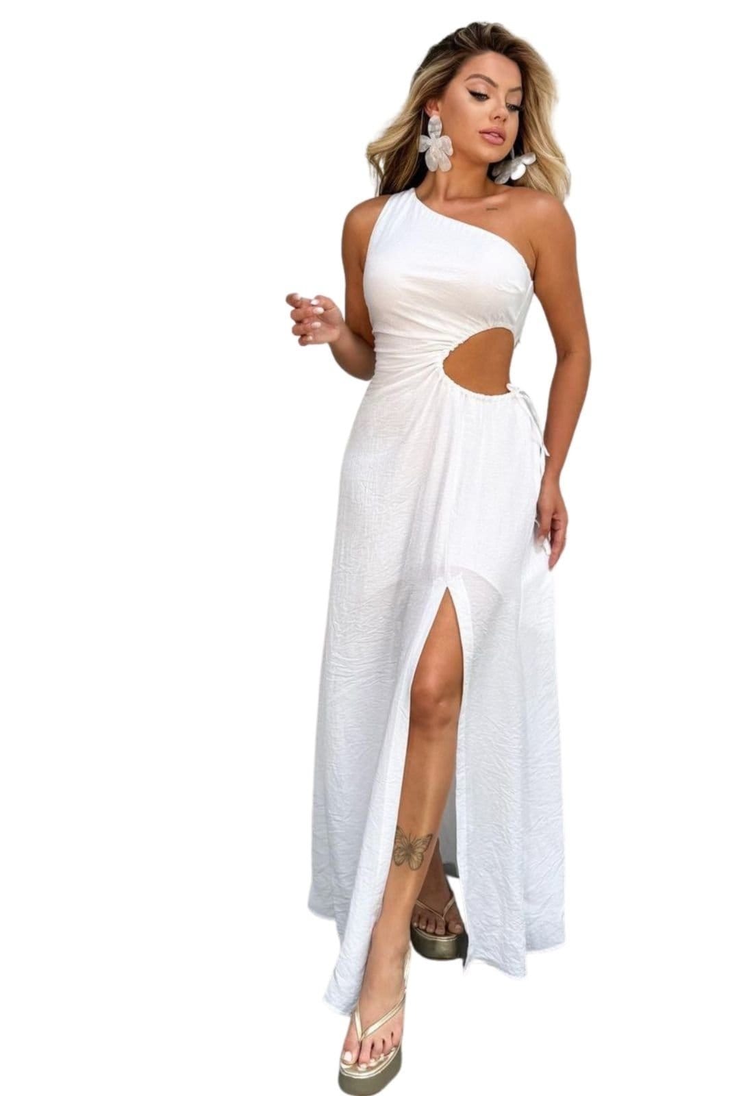 Vestido Longo 1 Ombro Abertura Lateral Yaly Noivado Casamento Civil