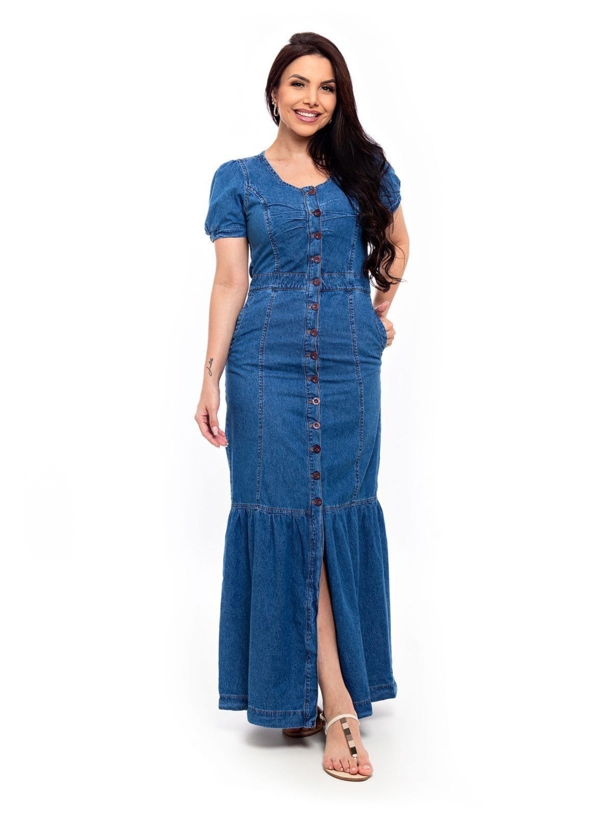 Vestido Restrito Jeans Longo Com Recortes médio