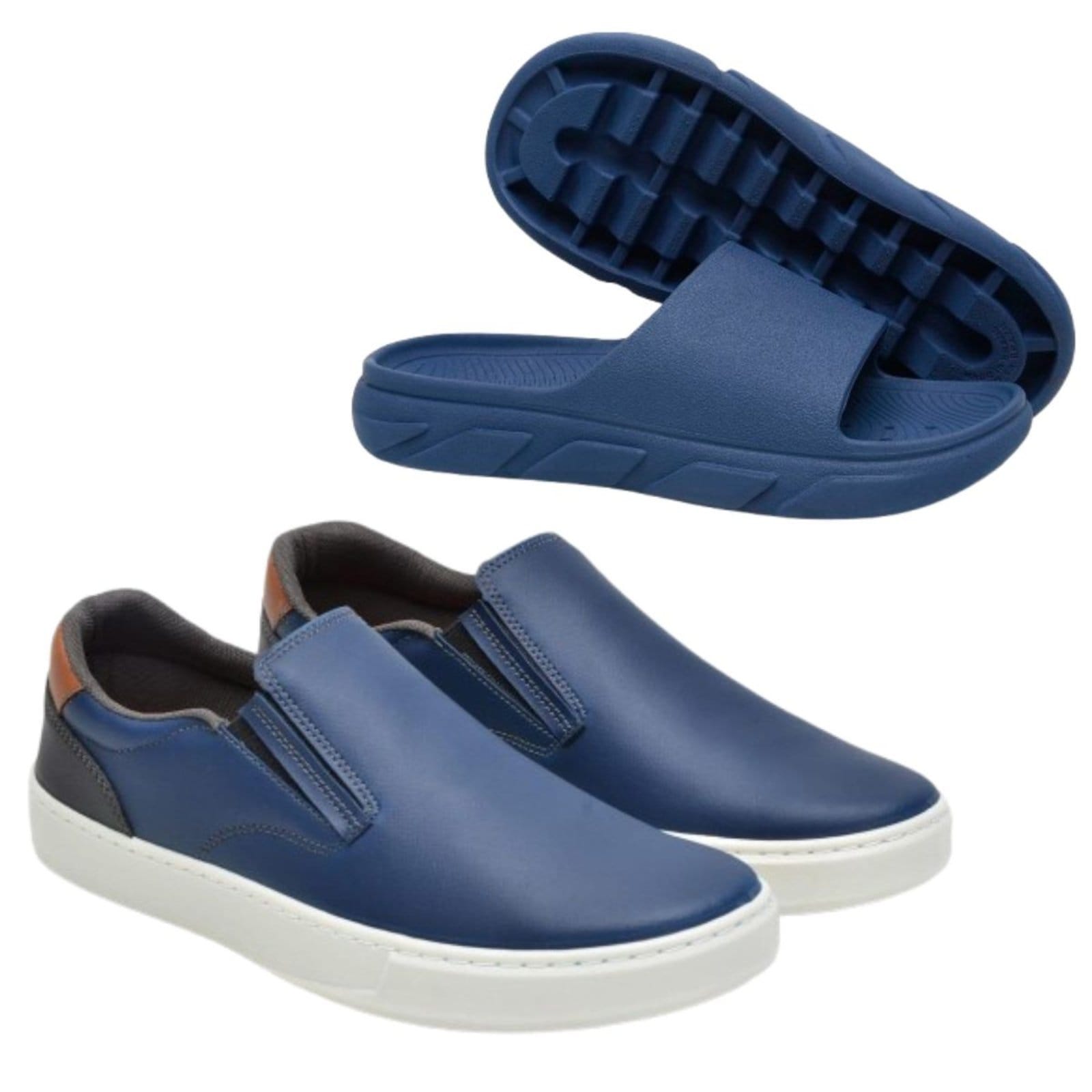 Vista principal Kit Tênis Masculino Anna Andade Sapatenis Slip On Conforto E Chinelo Slide Versátil Anna Andrade azul marinho