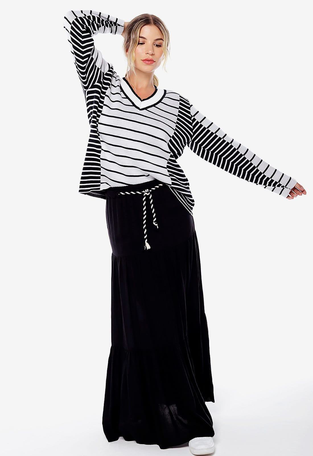 Blusa de tricot Gola V Listrada de e Branco - 2