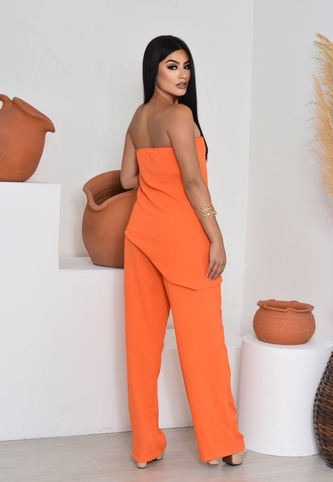 Vista 2 Conjunto Blusa Tomara que Caia e Calça Pantalona Reta de Alfaiataria FS CONCEPT branco