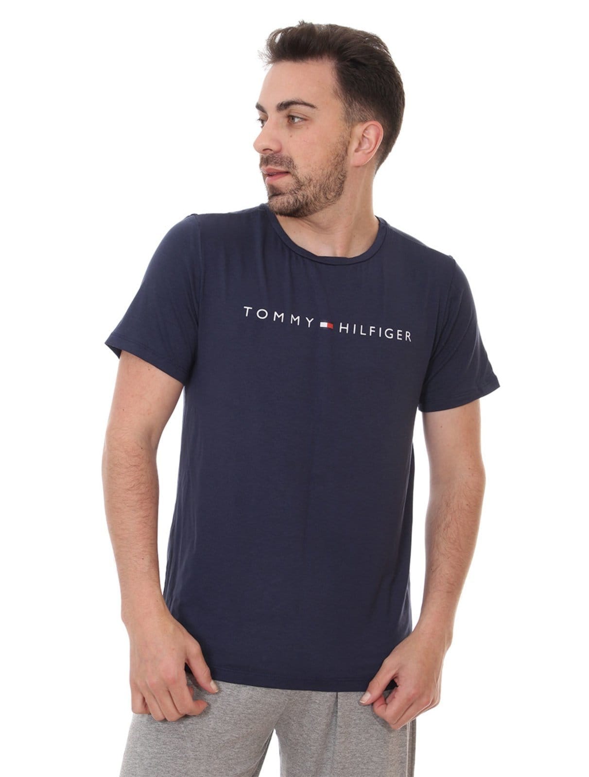 Pijama Tommy Hilfiger Masculino Manga Curta Calça Essentials Set Marinho/Cinza - 2