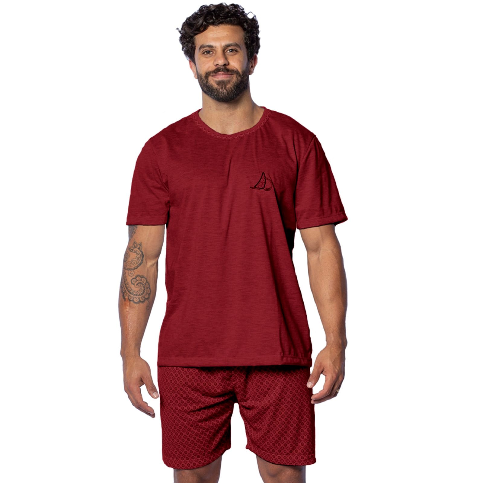 Pijama Masculino Gabi Lingerie de Malha Confortável Verão Manga Curta Poliéster Fresco Elegante Rubro