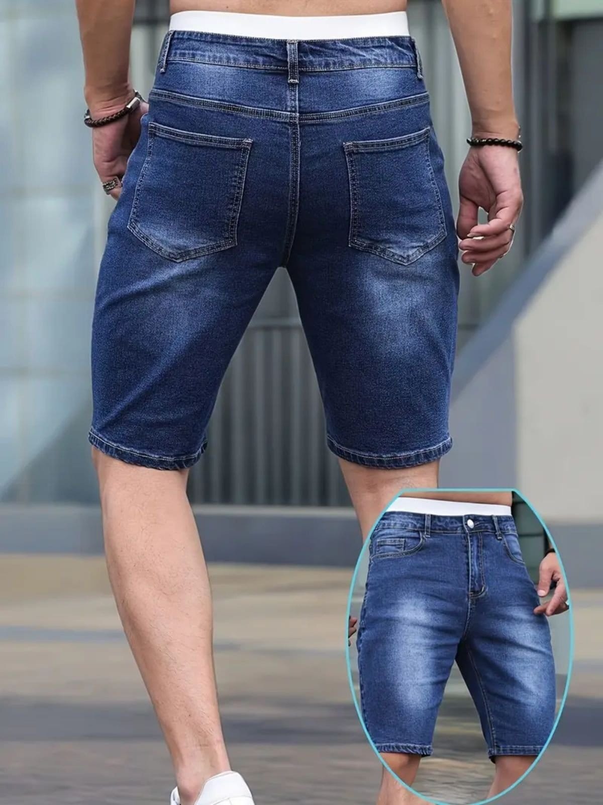 Vista 2 Bermuda Jeans Masculina Kovali Casual Skinny Premium Com Elastano Confortável Style Escuro KOVALI FASHION STORE azul/jeans azul