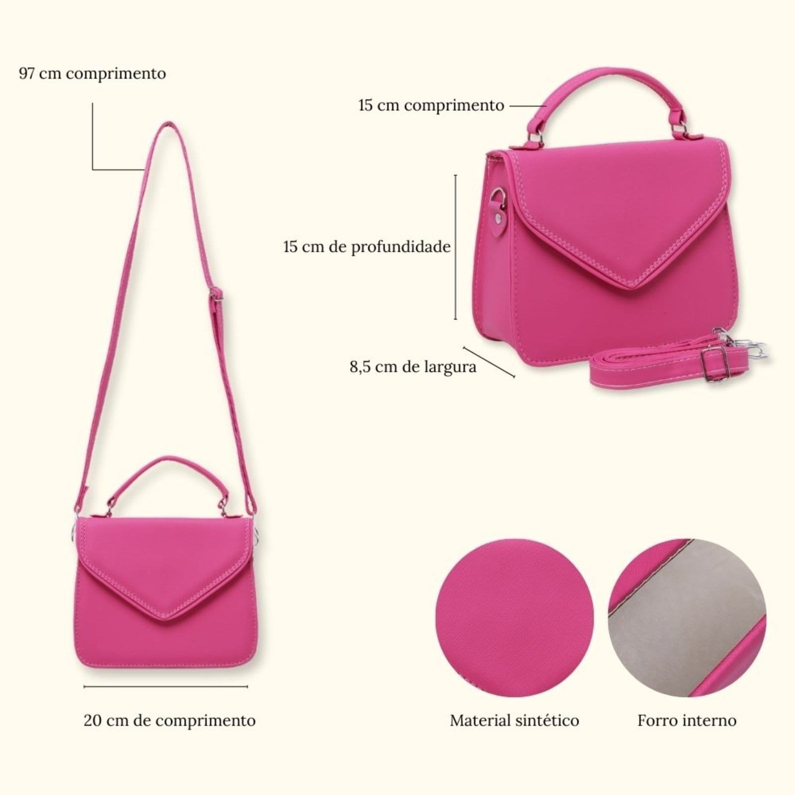 Vista 2 Bolsa Feminina Com Alça Removivel Transversal Pequena Tira Colo Sair Trabalhar Dia a Dia 8190 Schiareli pink